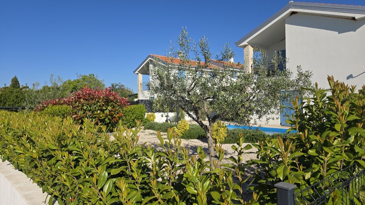 Villa exterior with lush garden